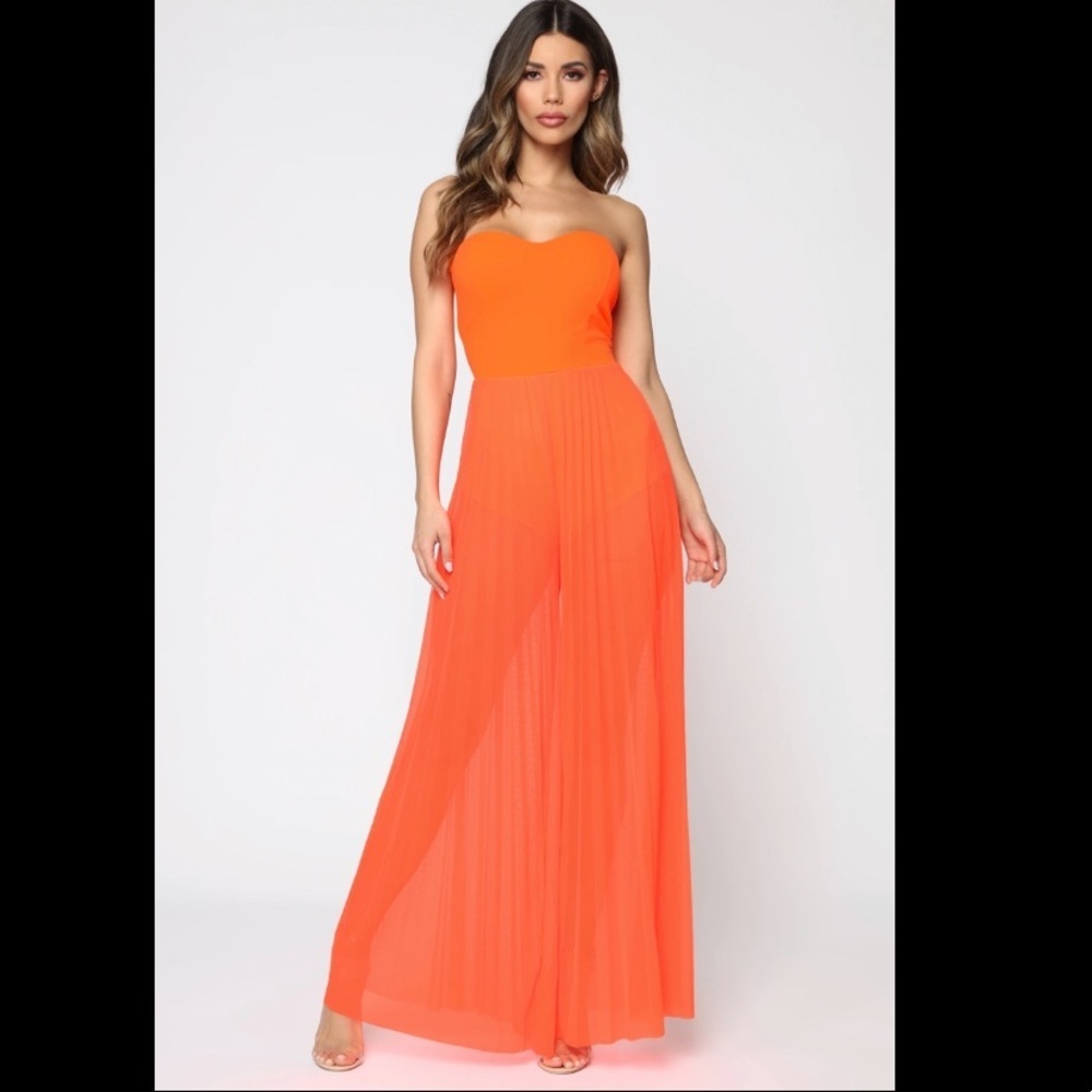 FASHION NOVA || Breezy Wide Leg Sheer Jumpsuit in Neon Orange - SZ XS 🧡NWOT🧡